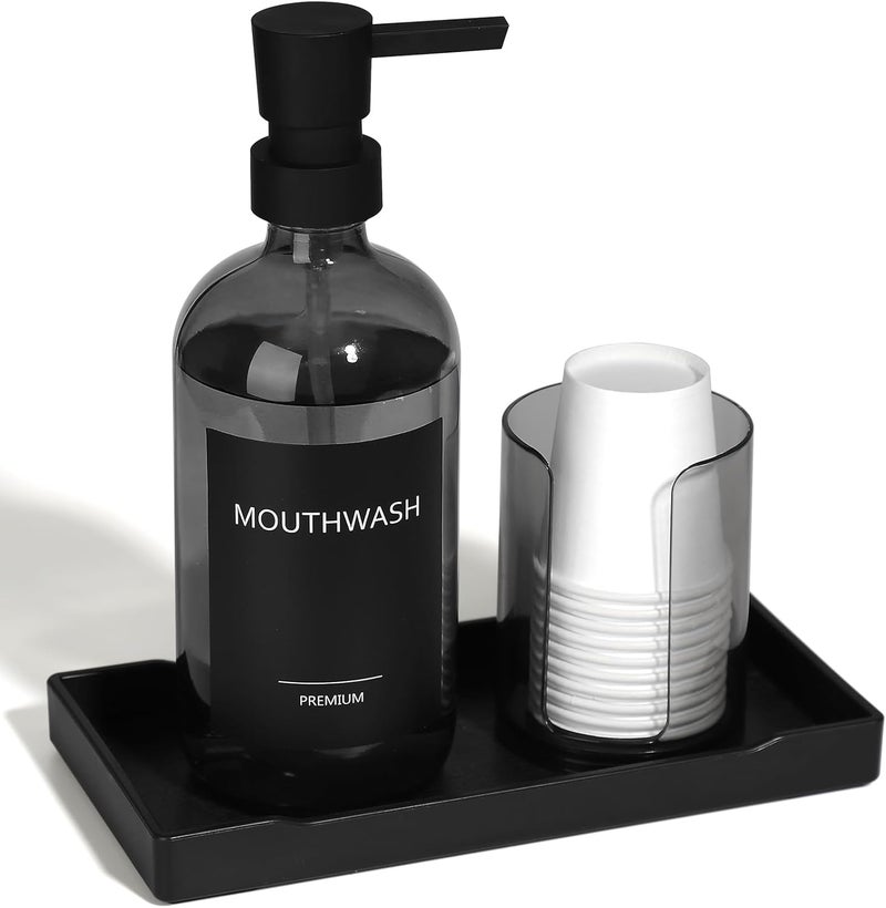 TOLDATLI Mouthwash Dispenser for Bathroom, Glass Mouth Wash Pump Dispenser with Cup Holder, 17 Fl Oz Mouthwash Bottle Decanter with Tray, Refillable Mouthwash Dispenser Container (Clear Black) - Image 1